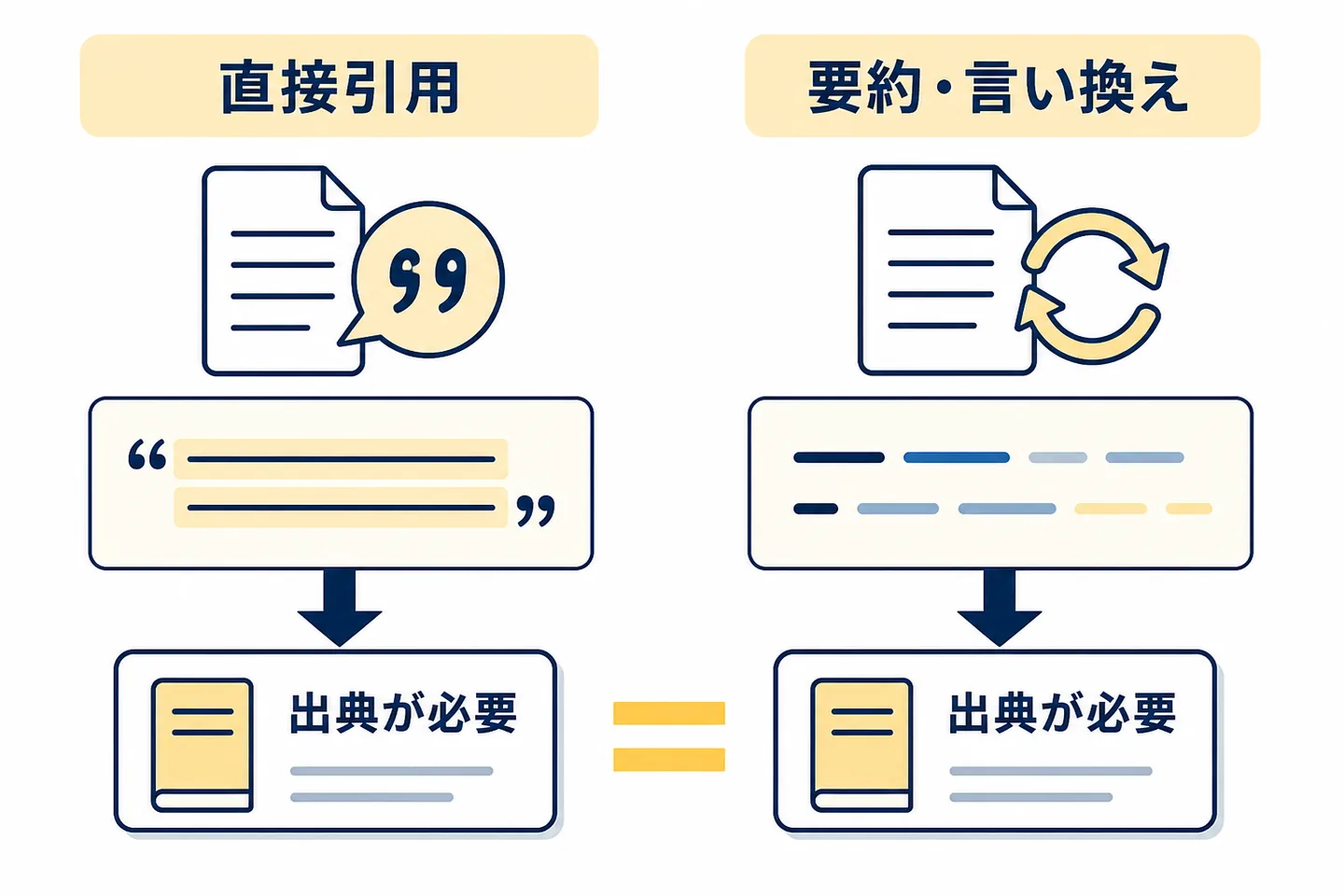 直接引用と要約のどちらにも出典が必要であることを示す比較