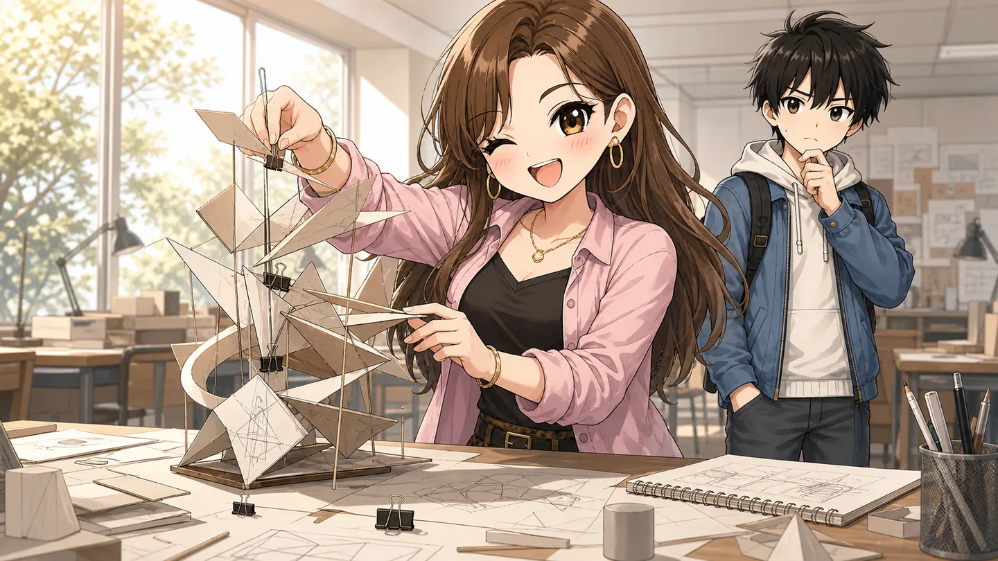 誰も思いつかない形のものを一人で組み上げていて、周りがその手つきを理解できずに見ている学生