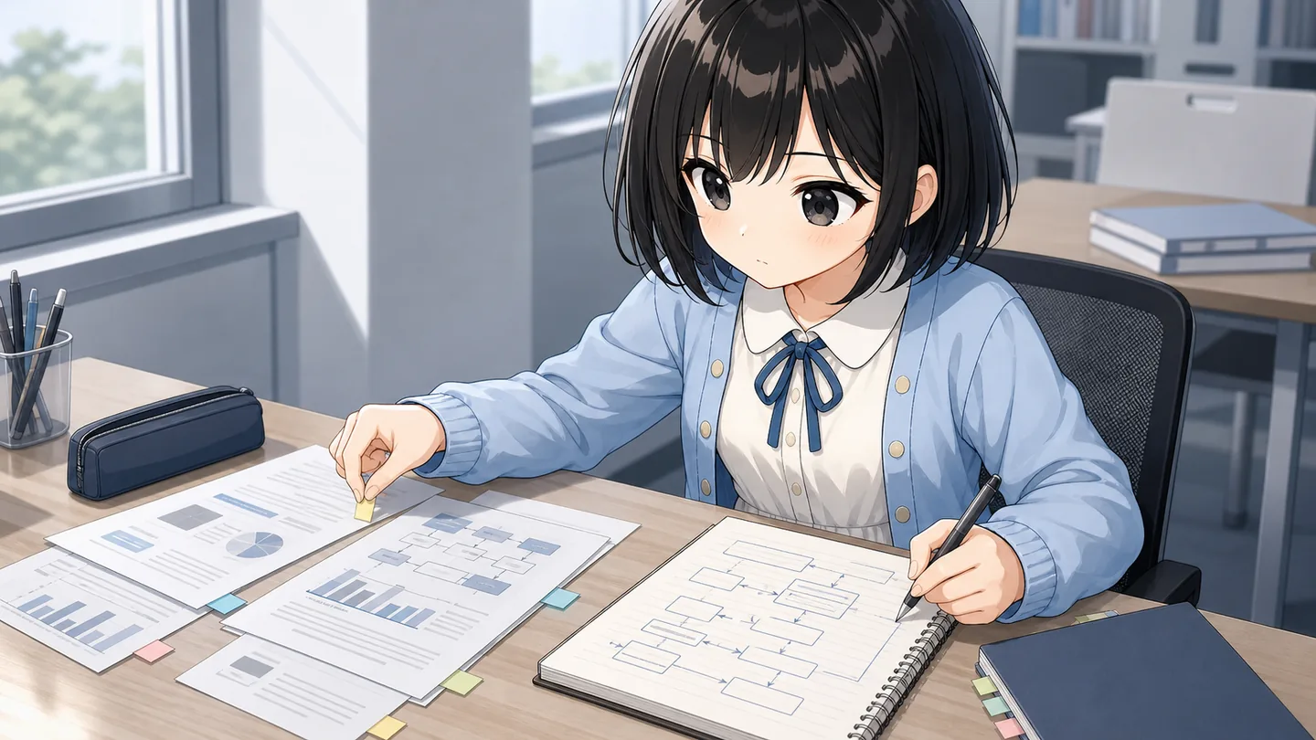 他人が作った成果物を広げて分解し、どこが効いているのかを手順としてノートに書き起こしている学生
