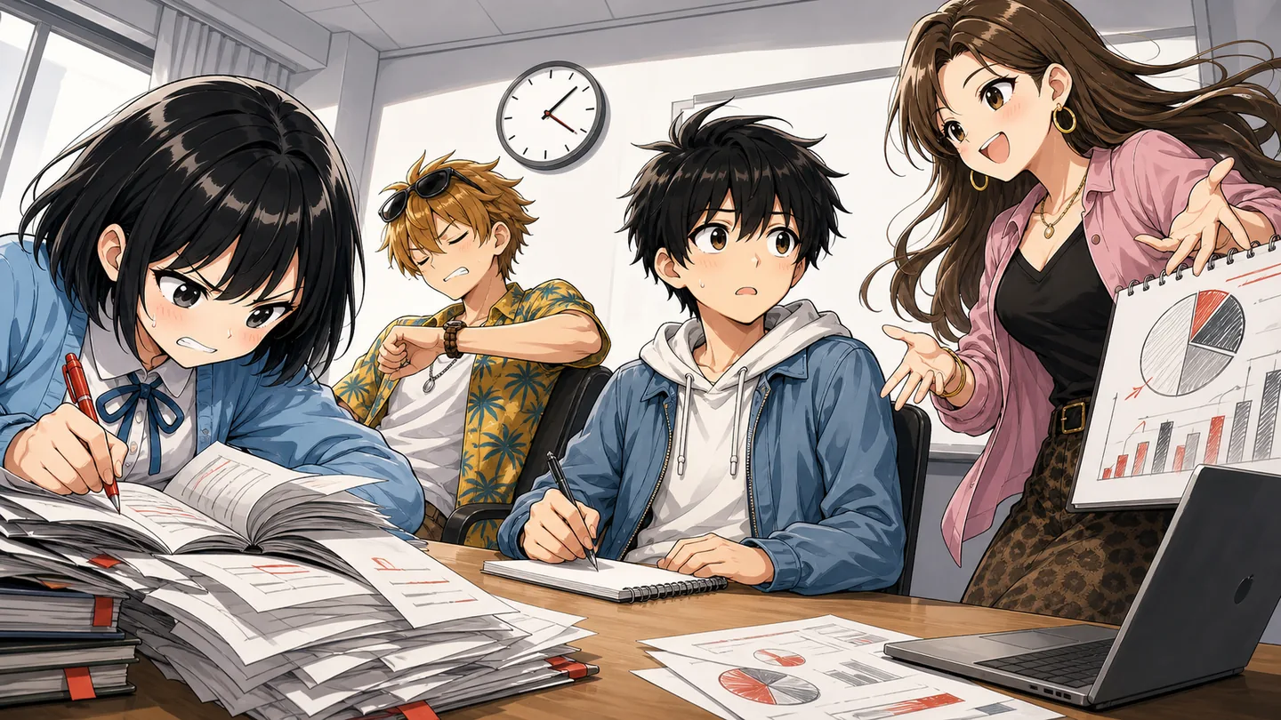 同じ机を囲んでいるのに、それぞれ違う方向を見ている4人の学生