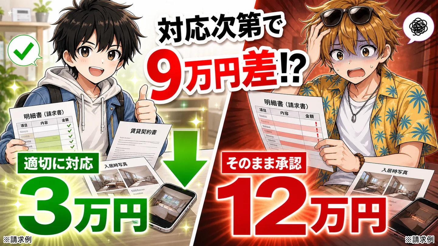 退去費用の見積書を前に、内訳の項目を指で追っている大学生