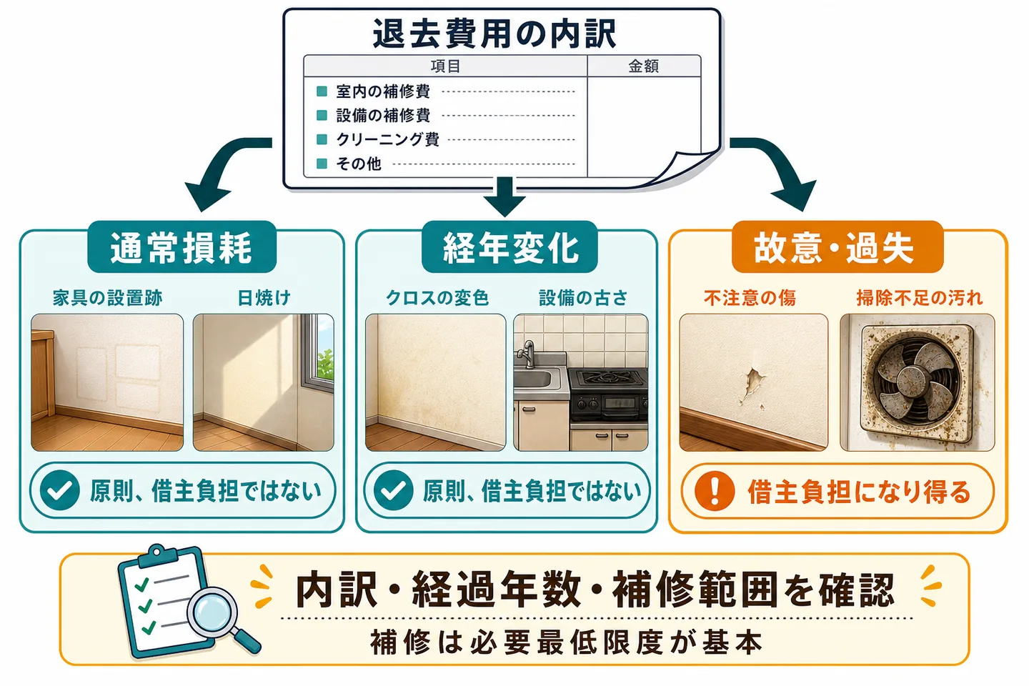 退去費用の内訳を通常損耗・経年変化・故意や過失の3つに分けて考える図