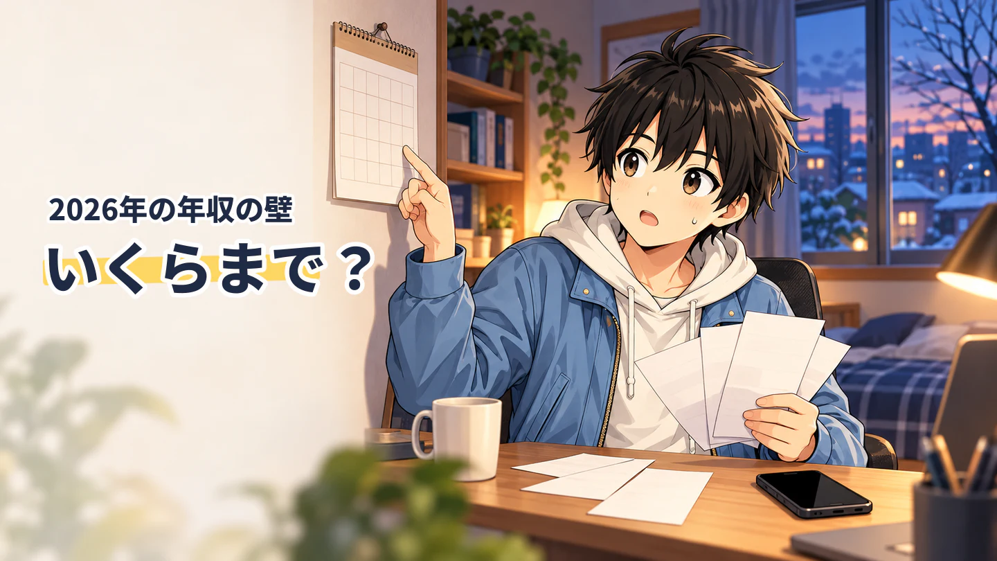 年末のカレンダーを指さしながら、重ねた給与明細を見て今年のバイト代の合計を確かめている大学生。『いくらまで?』の文字が入っている