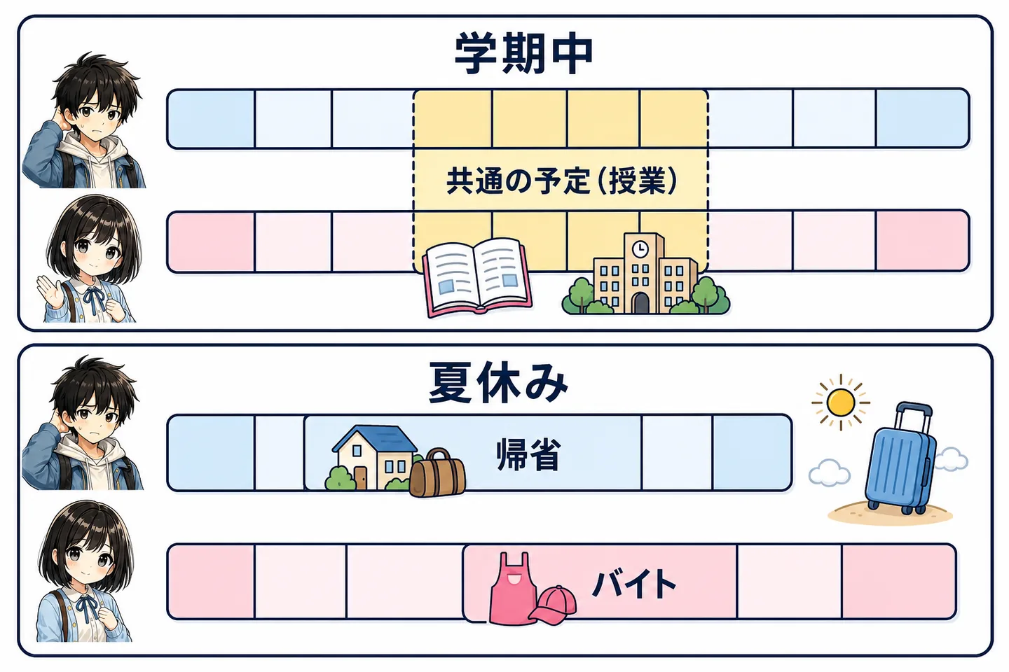 学期中と夏休みで2人の予定の重なりがどう変わるか