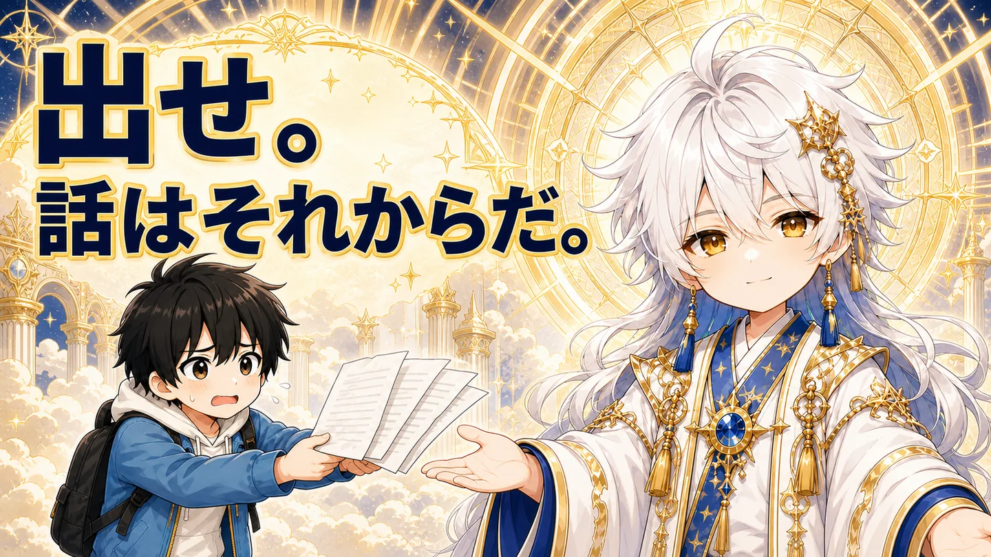 「出せ。話はそれからだ。」の文字とともに、束ねたレポートを差し出す学生と、両手を広げて受け取る単位の神