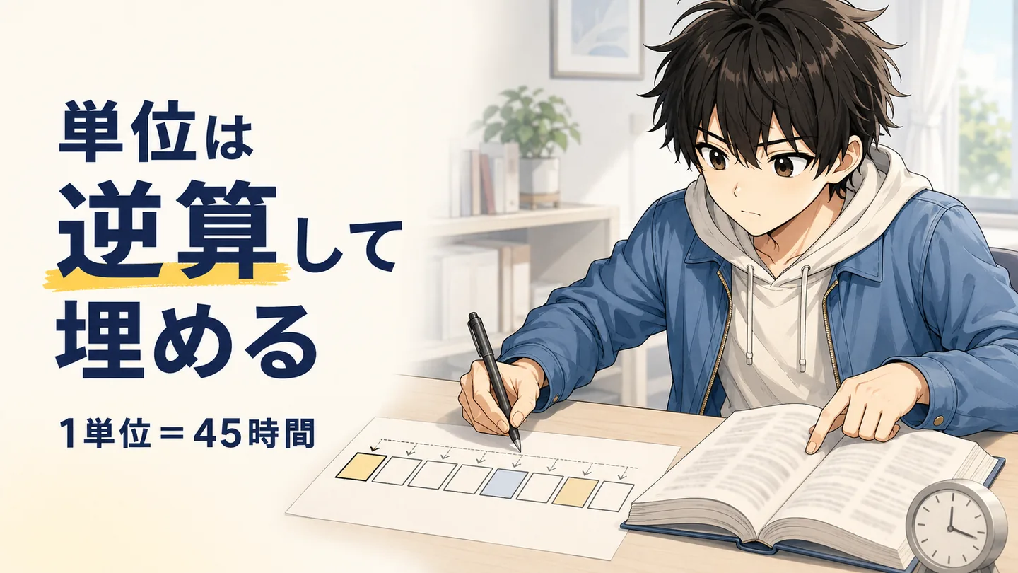 履修要項と4年分の学期の表を並べて、どの科目をどの学期に置くか考えている学生