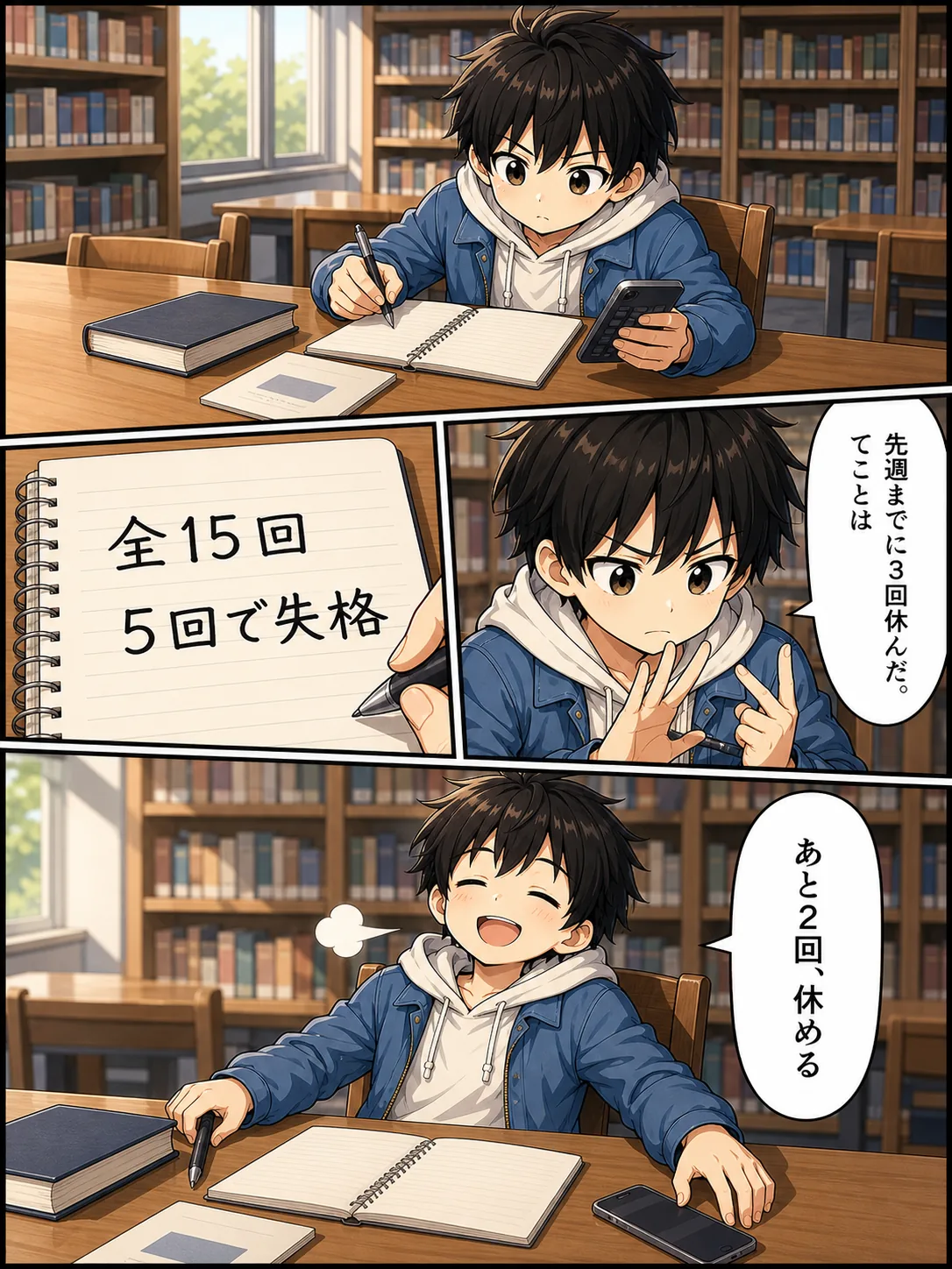 【1コマ】図書館の机。ハルがシラバスの冊子とスマートフォンの電卓を広げ、真剣な顔で数字を書いている／【2コマ】ノートに「全15回」「5回で失格」と書き込む／【3コマ】「先週までに3回休んだ。てことは」と指を折る／【4コマ】ペンを置いて満足げに息を吐く。「あと2回、休める」