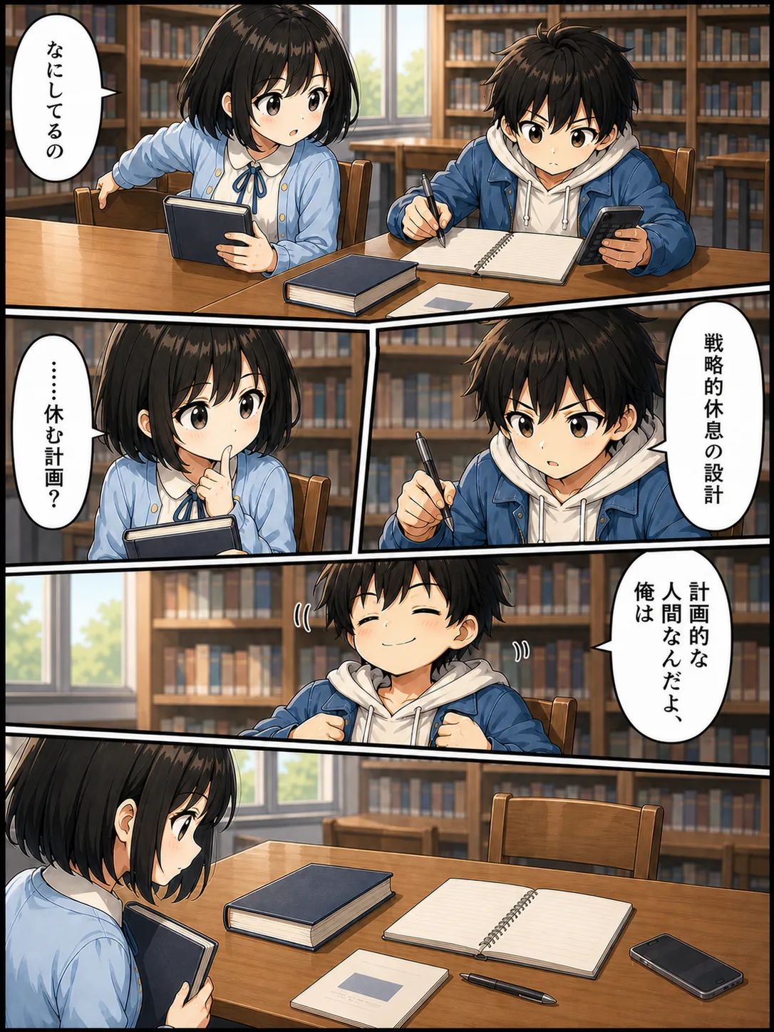 【1コマ】ミオが隣の席に座る。「なにしてるの」/【2コマ】ハル「戦略的休息の設計」ミオ「……休む計画?」/【3コマ】ハルが胸を張る。「計画的な人間なんだよ、俺は」/【4コマ】ミオが机の上を見る。シラバス、電卓、数字だけがびっしり書かれたノート。教科書は閉じたまま