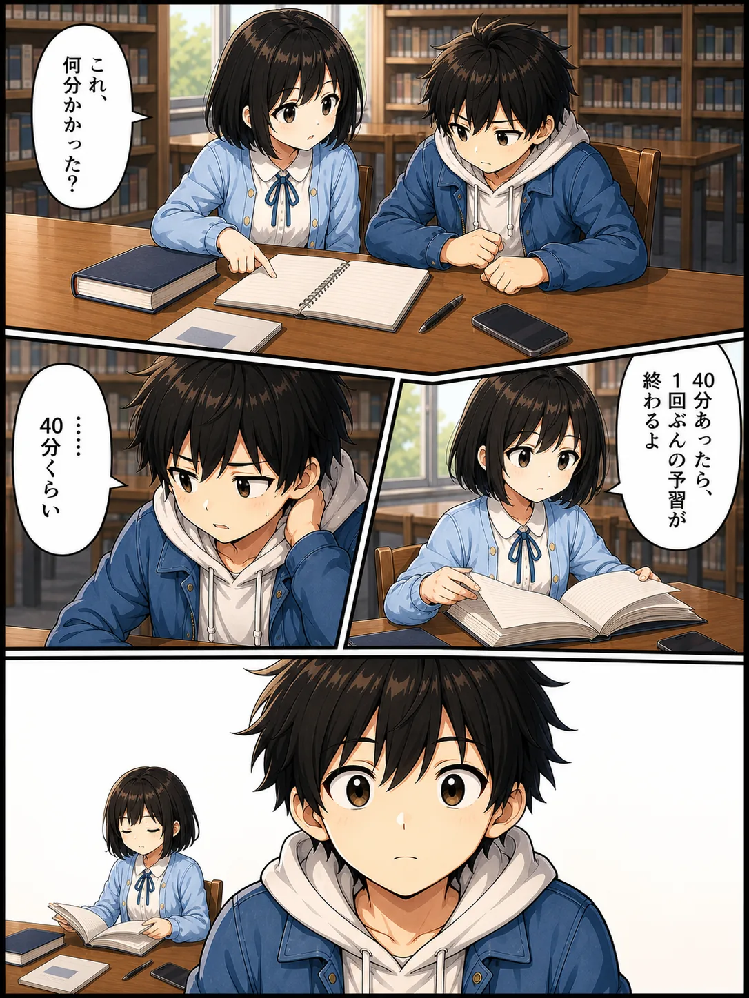 【1コマ】ミオ「これ、何分かかった?」/【2コマ】ハルが目をそらす。「……40分くらい」/【3コマ】ミオ「40分あったら、1回ぶんの予習が終わるよ」/【4コマ】ハルが固まる