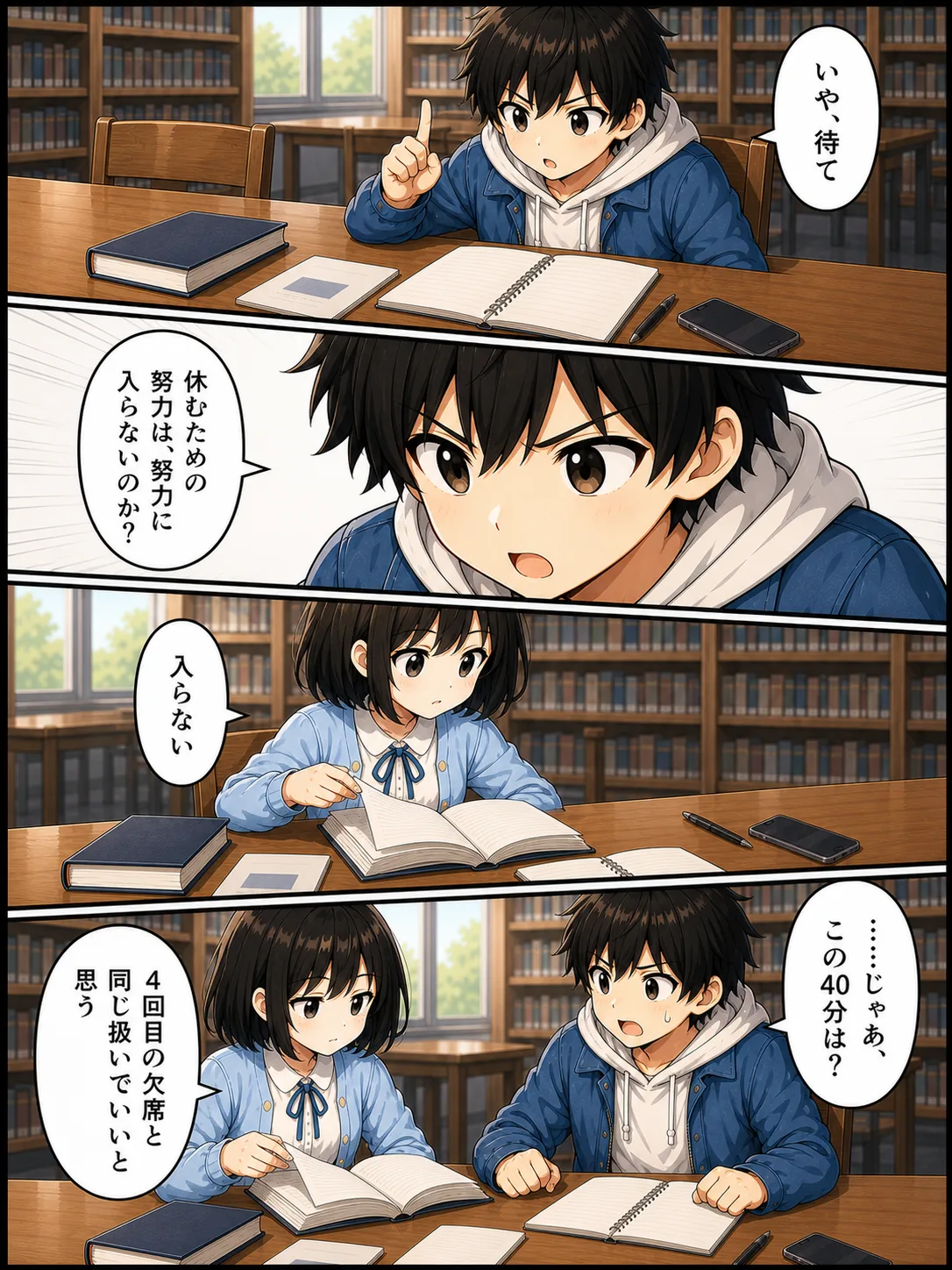 【1コマ】ハルが顔を上げる。「いや、待て」/【2コマ】真顔で。「休むための努力は、努力に入らないのか?」/【3コマ】ミオが即答する。「入らない」/【4コマ】ハル「……じゃあ、この40分は?」ミオ「4回目の欠席と同じ扱いでいいと思う」