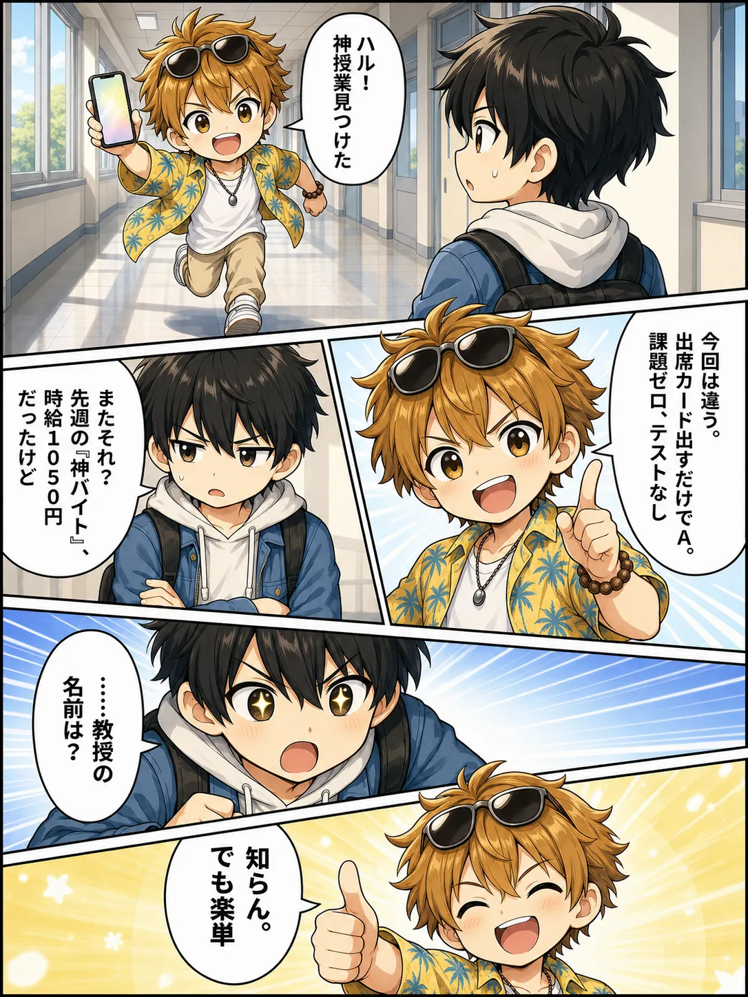 【1コマ】講義棟の廊下。ユウタが駆け寄ってくる。「ハル！ 神授業見つけた」／【2コマ】ハルは冷めた顔。「またそれ？ 先週の『神バイト』、時給1050円だったけど」／【3コマ】ユウタが指を立てる。「今回は違う。出席カード出すだけでA。課題ゼロ、テストなし」／【4コマ】ハルの目が輝く。「……教授の名前は？」ユウタ「知らん。でも楽単」