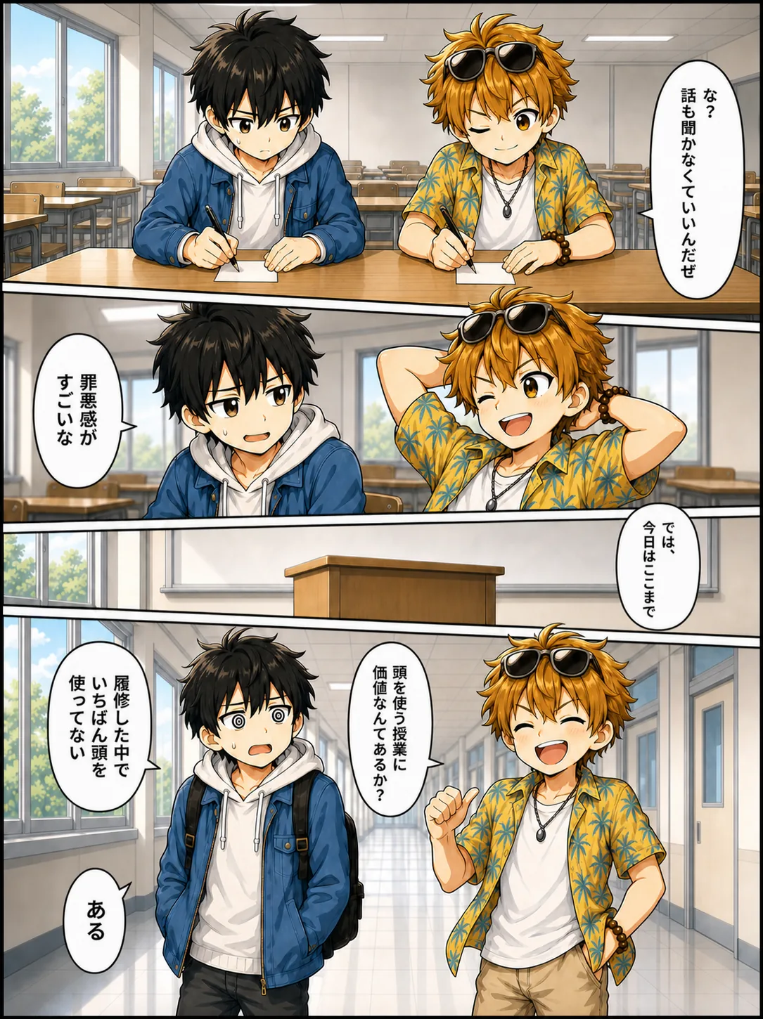【1コマ】教室の最後列。二人が出席カードに名前を書いている/【2コマ】ユウタ「な? 話も聞かなくていいんだぜ」ハル「罪悪感がすごいな」/【3コマ】教壇の方から声だけ。「では、今日はここまで」開始から10分で終わる/【4コマ】廊下に出た二人。ハル「履修した中でいちばん頭を使ってない」ユウタ「頭を使う授業に価値なんてあるか?」ハル「ある」