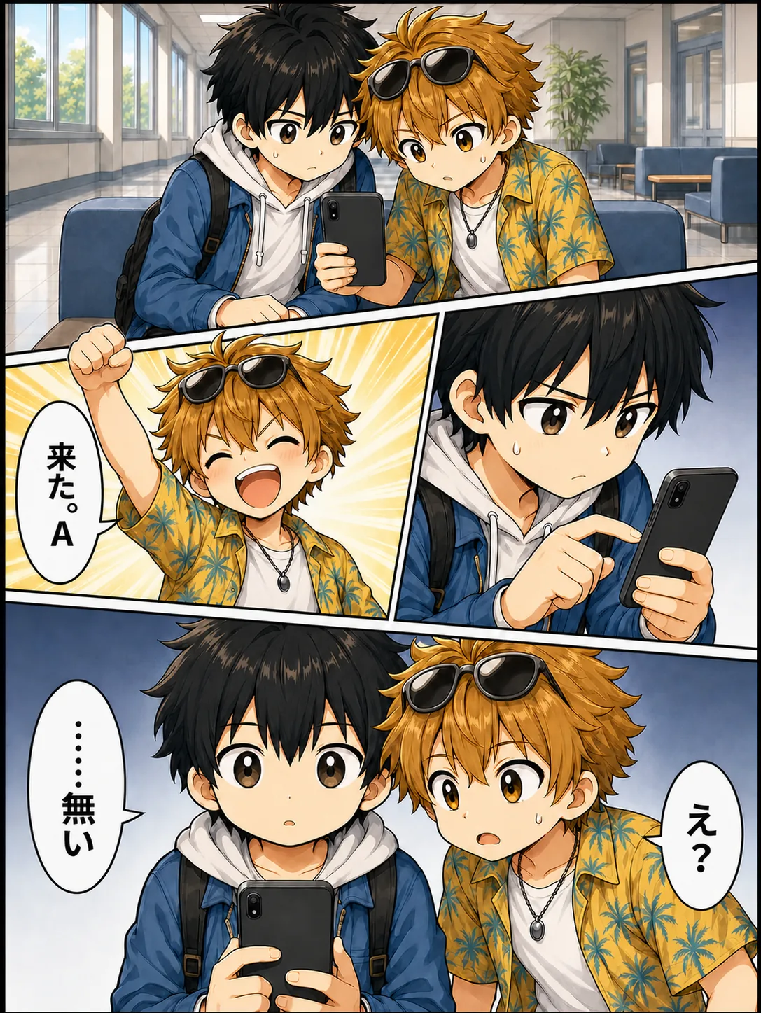 【1コマ】成績発表の日。二人でスマートフォンの画面を覗き込んでいる/【2コマ】ユウタがガッツポーズ。「来た。A」/【3コマ】ハルもスクロールしていくが、途中で指が止まる/【4コマ】ハル「……無い」ユウタ「え?」