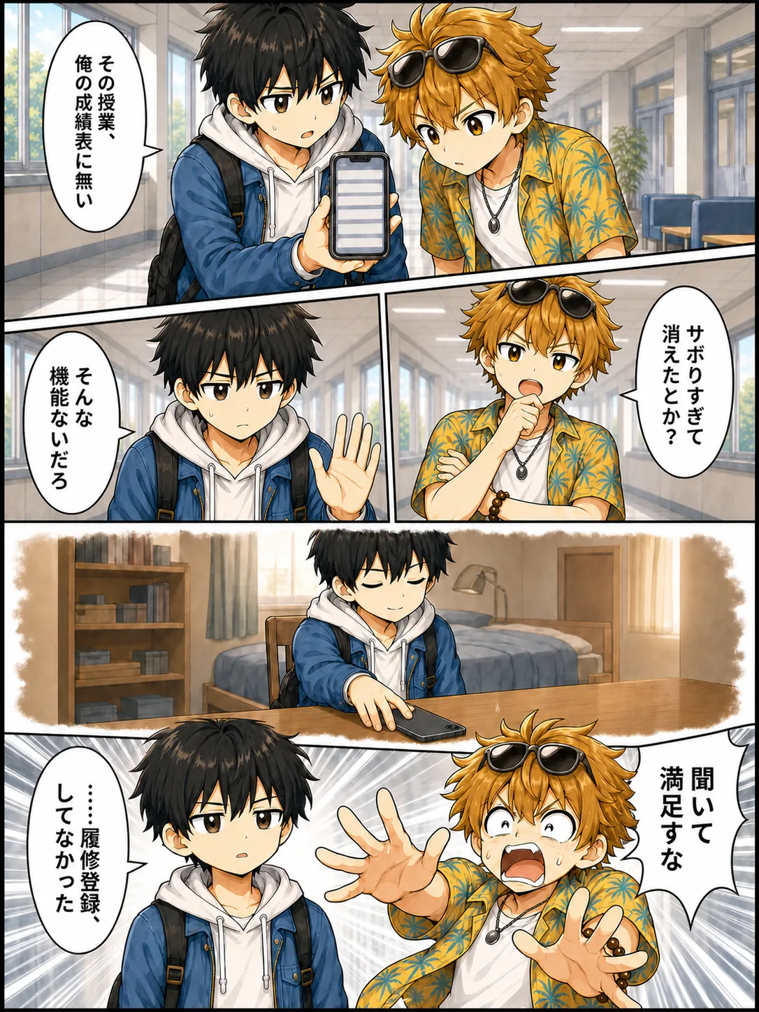 【1コマ】ハルが画面を見せる。「その授業、俺の成績表に無い」/【2コマ】ユウタ「サボりすぎて消えたとか?」ハル「そんな機能ないだろ」/【3コマ】回想。ユウタの話を聞いて満足しきった顔で、スマホを裏返して置くハル/【4コマ】ハル「……履修登録、してなかった」ユウタ「聞いて満足すな」