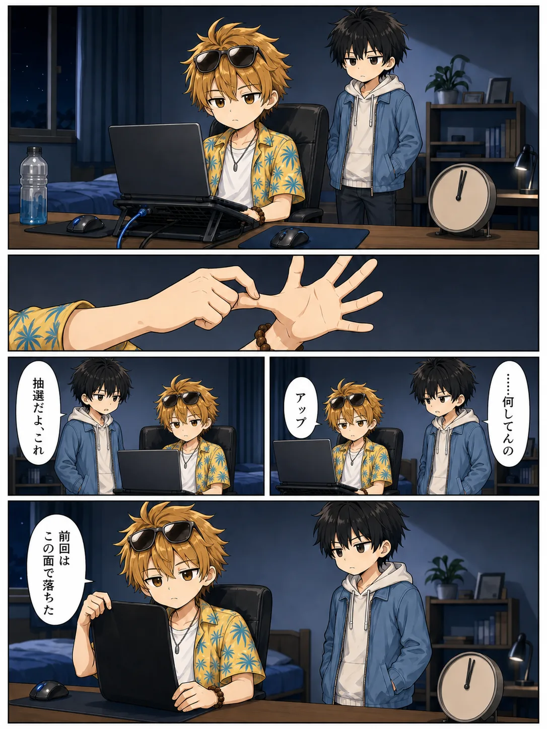 【1コマ】深夜のユウタの部屋。有線LANケーブル、冷却台に乗ったノートパソコン、並んだマウス2つ、スポーツドリンク。壁の時計の針はほぼ真上。ハルが後ろに立って見ている／【2コマ】ユウタが指を1本ずつ反らしてストレッチしている。真顔／【3コマ】ハル「……何してんの」ユウタ「アップ」／【4コマ】ハル「抽選だよ、これ」。ユウタは画面を見たまま答えない／【5コマ】ユウタがマウスパッドを裏返して「前回はこの面で落ちた」と言う。ハルは無言で視線だけ送っている