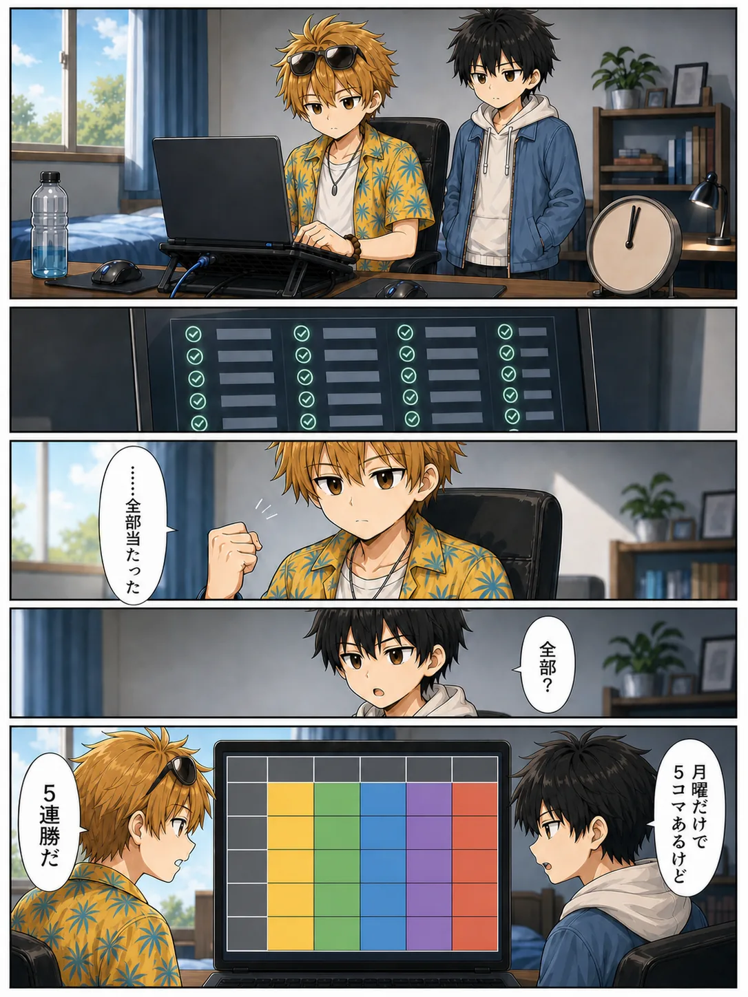 【1コマ】翌日。結果発表の画面を開くユウタ。横にハルがいる／【2コマ】画面に当選のしるしが並んでいく／【3コマ】ユウタが静かに拳を握る。真顔のまま目だけ強い。「……全部当たった」／【4コマ】ハル「全部？」／【5コマ】時間割の画面が抽選科目でびっしり埋まっている。ハルが口を半分開けて固まる。ハル「月曜だけで5コマあるけど」ユウタ「5連勝だ」