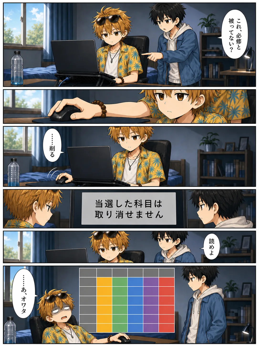 【1コマ】ハル「これ、必修と被ってない？」／【2コマ】ユウタの手が止まる。表情は変わらない／【3コマ】ユウタがマウスを動かしながら「……削る」／【4コマ】画面に注意事項が開かれている。「当選した科目は取り消せません」／【5コマ】ユウタの真顔。まだ崩れない。ハル「読めよ」／【6コマ】ユウタの死んだ顔。「……あ、オワタ」。背後の画面には抽選科目でびっしり埋まった時間割
