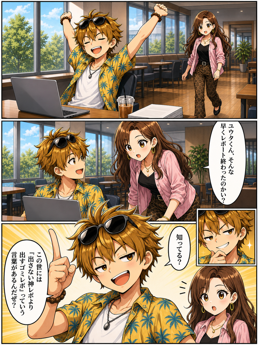 【1コマ】大学のラウンジ、窓際のテーブル。ユウタがノートパソコンの前で両手を上げて伸びをしている。やり切った満足顔。奥からリナが歩いてくる／【2コマ】リナがテーブルの脇から覗き込む。「ユウタくん、そんな早くレポート終わったのかい？」／【3コマ】ユウタの半目のドヤ顔／【4コマ】ユウタが人差し指を立てて胸を張る。「知ってる？この世には『出さない神レポより出すゴミレポ』っていう言葉があるんだぜ？」。リナは口を半開きにして固まっている