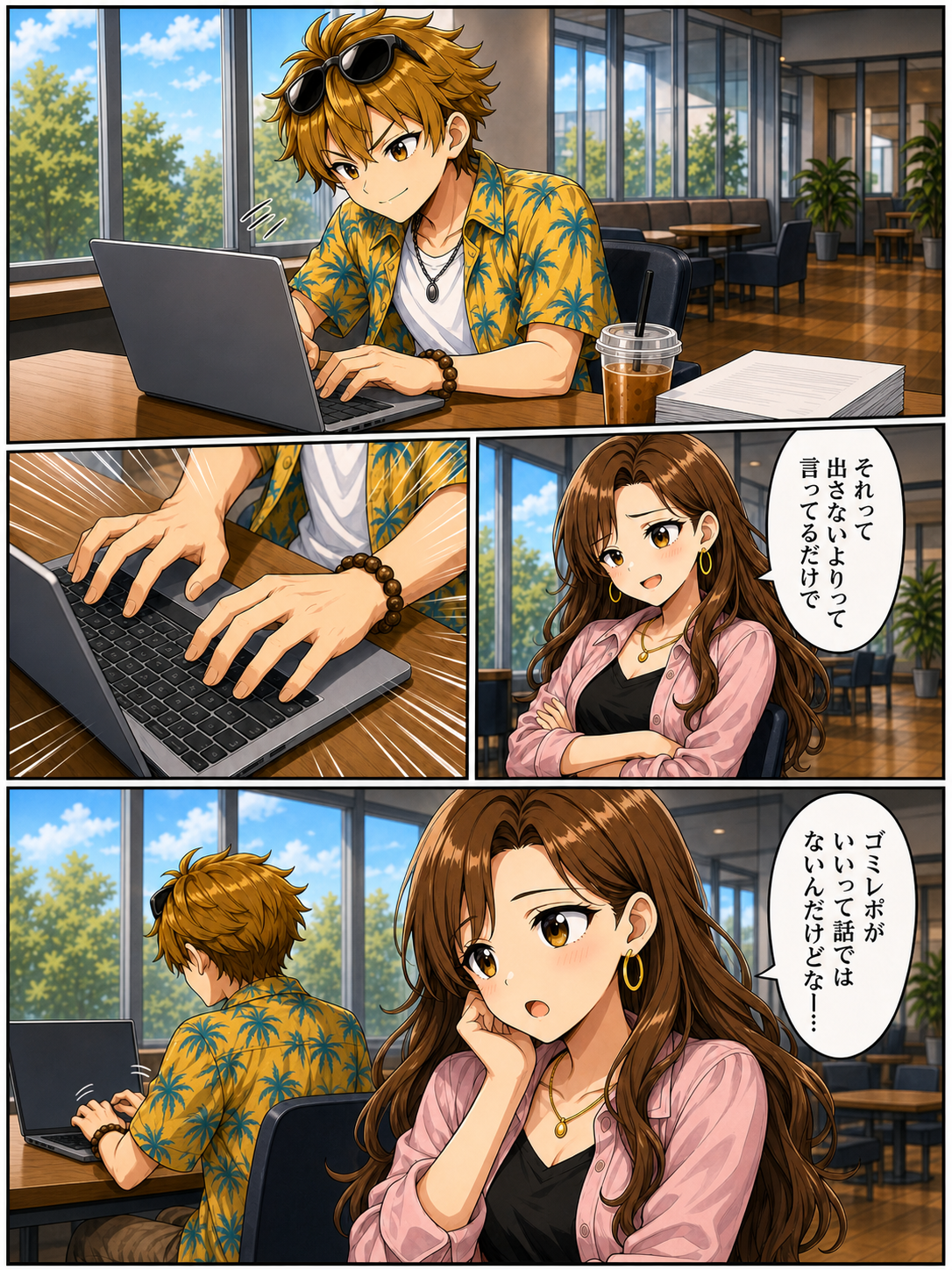 【1コマ】ユウタがパソコンに向き直り、指を鳴らして打ち始める。前のめりで迷いのない顔/【2コマ】キーボードを叩く手元のアップ。集中線/【3コマ】リナが腕を組んで横から見ている。半笑い。「それって出さないよりって言ってるだけで」/【4コマ】手前にリナのアップ、奥にユウタの後頭部。「ゴミレポがいいって話ではないんだけどなー…」。ユウタの手は止まっておらず、聞いていない