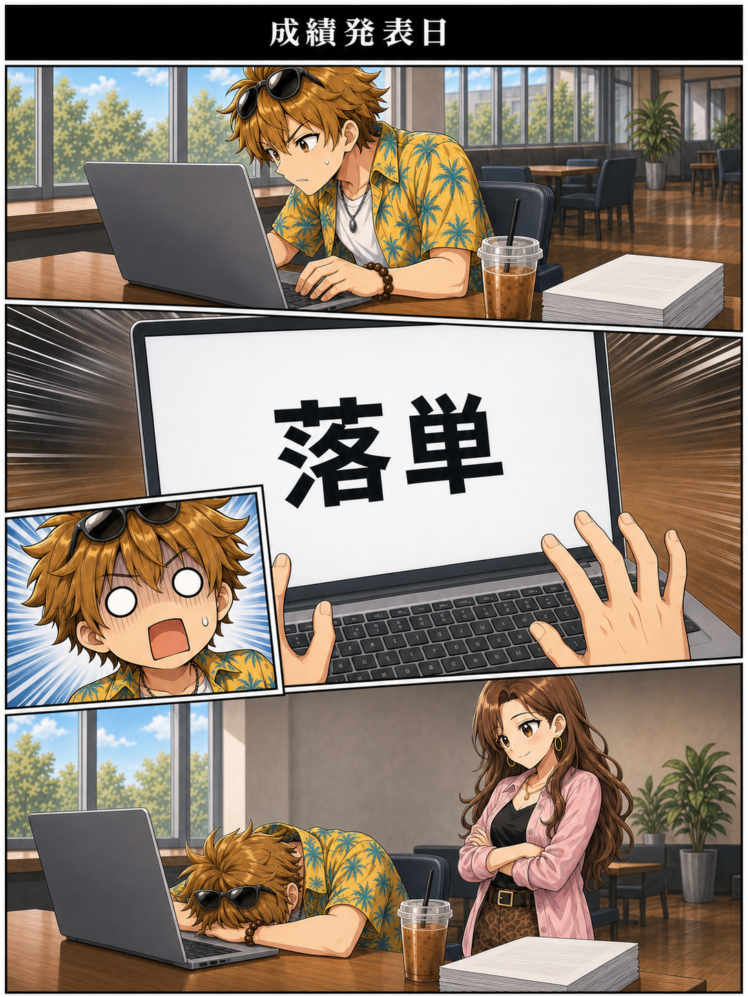 【1コマ】黒い画面に「成績発表日」の文字だけ/【2コマ】同じラウンジ、同じテーブル。ユウタがノートパソコンを開き、画面に顔を近づけて覗き込む。緊張した横顔/【3コマ】パソコンの画面いっぱいに「落単」。手前にユウタの固まった手/【4コマ】ユウタの白目。口が「あ」の形のまま止まっている/【5コマ】机に突っ伏したユウタと、開いたままのパソコン。横に立ったリナが黙ってその画面を見ている。セリフはない