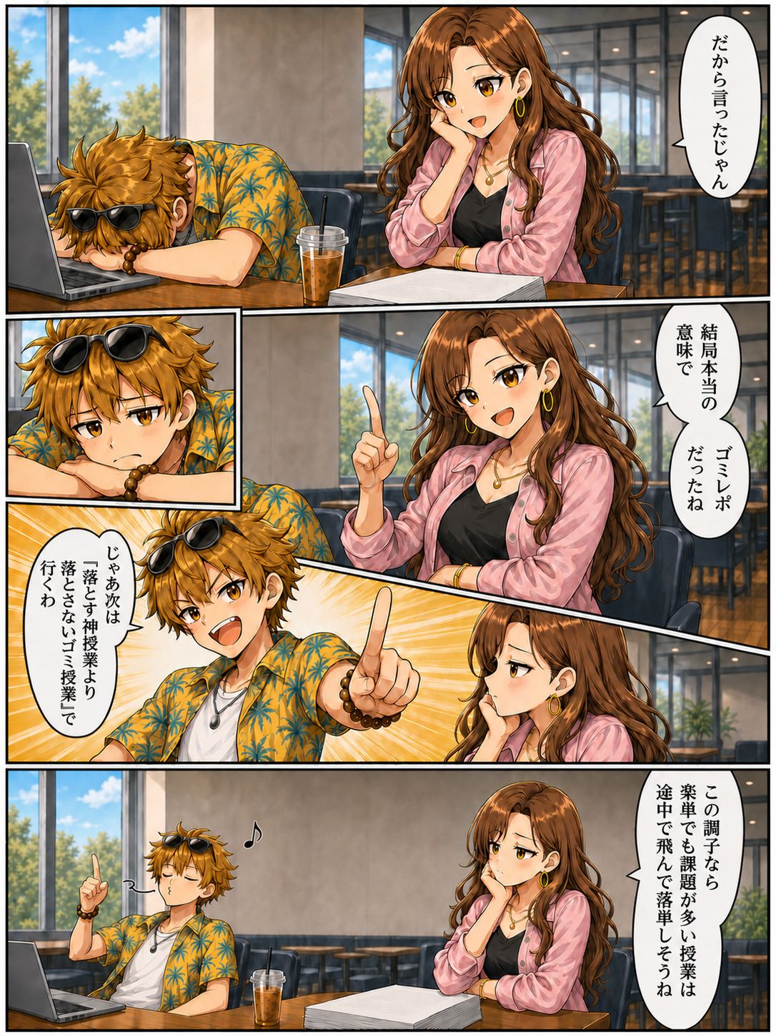 【1コマ】リナが隣の椅子に座り、頬杖をついて覗き込む。「だから言ったじゃん」/【2コマ】ユウタが少しだけ顔を上げる。情けない上目づかい/【3コマ】リナが人差し指を立ててにやりと決める。「結局本当の意味でゴミレポだったね」/【4コマ】ユウタが起き上がり、1ページ目と同じポーズで指を立てる。「じゃあ次は『落とす神授業より落とさないゴミ授業』で行くわ」/【5コマ】リナが半目で頬杖に戻り、視線を外して前を向く。「この調子なら落とし辛いけど厳しい授業は途中で飛んで落単しそうね」